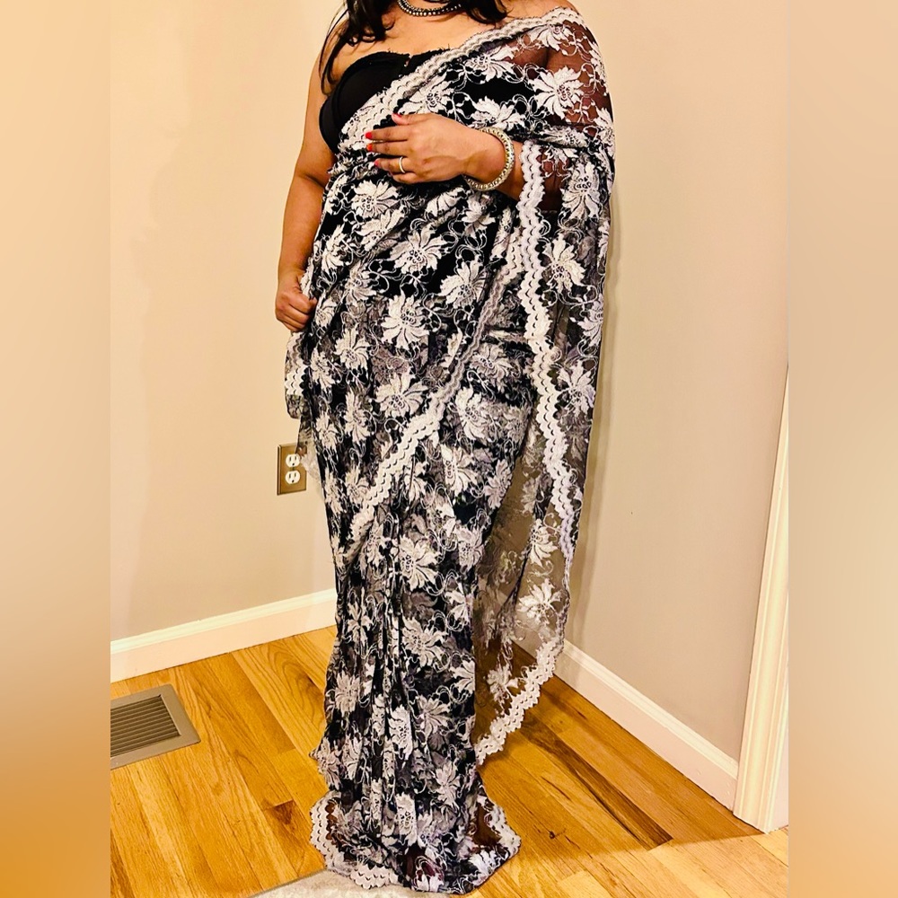 Black and white lace saree